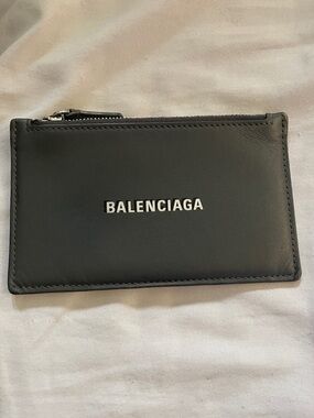 Balenciaga Black Leather Zip Card Pouch with White Logo
